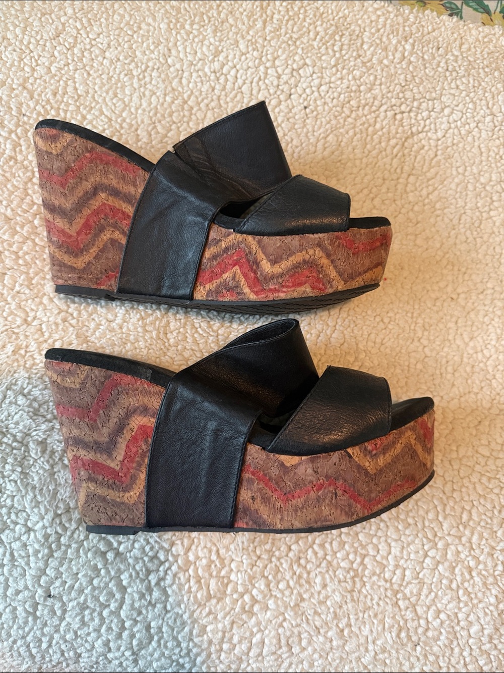 Very Volatile Black Platform Wedge Sandals with Zigzag Cork Detail